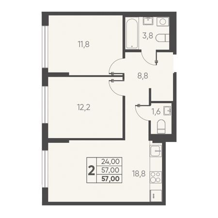 2 комнатная 57.00м²