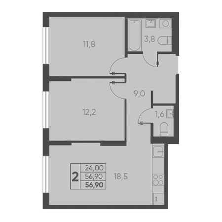 2 комнатная 56.90м²