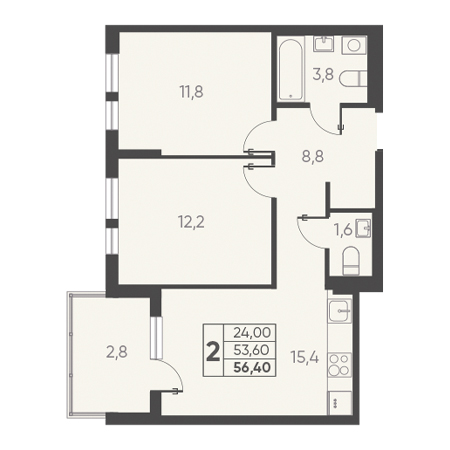 2 комнатная 56.40м²