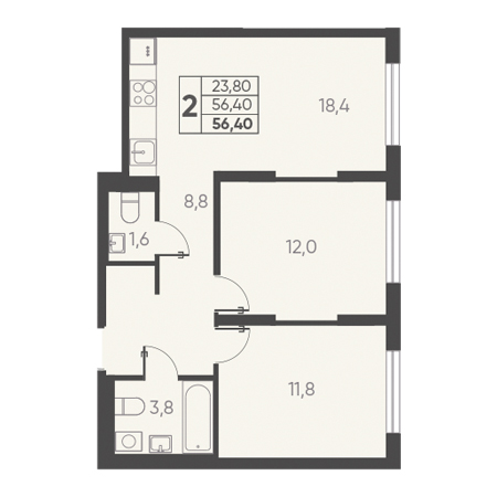 2 комнатная 56.40м²