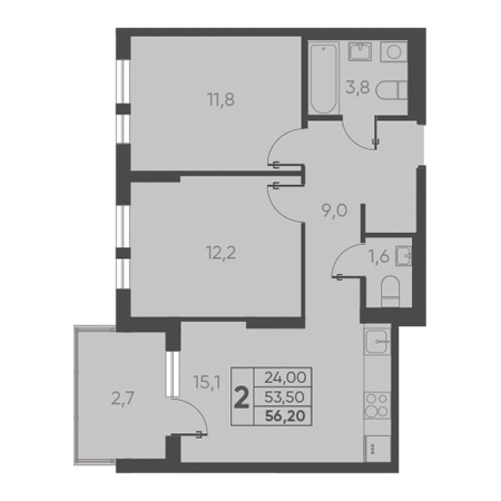 2 комнатная 56.20м²