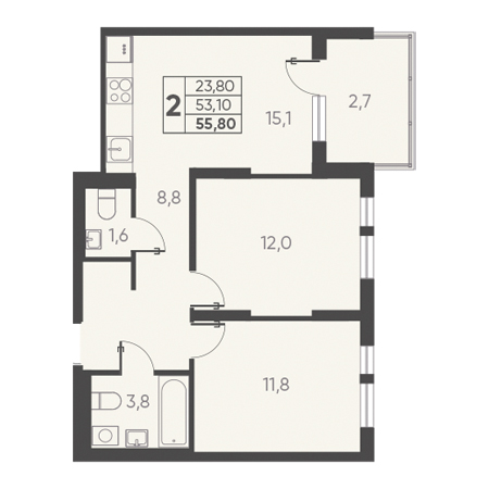 2 комнатная 55.80м²