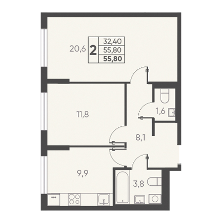 2 комнатная 55.80м²