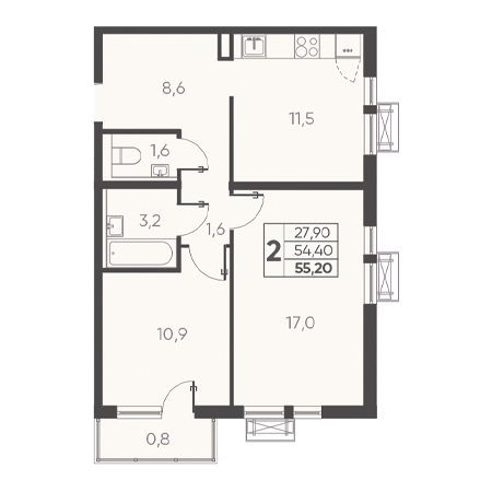 2 комнатная 55.20м²