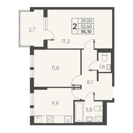 2 комнатная 55.10м²