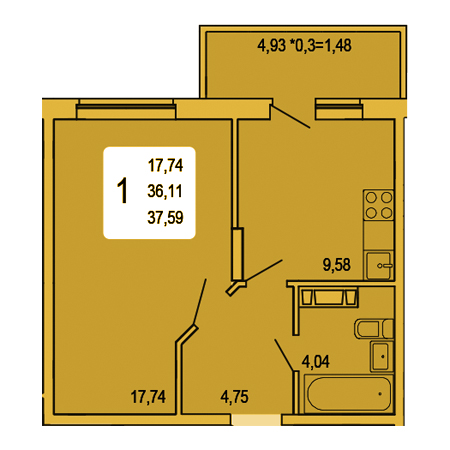 1 комнатная 37.59м²