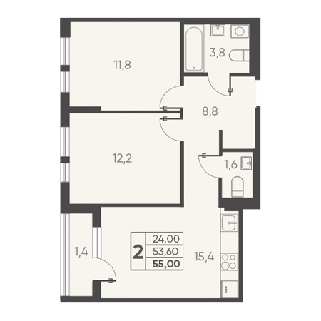 2 комнатная 55.00м²