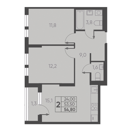 2 комнатная 54.80м²