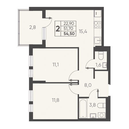 2 комнатная 54.50м²