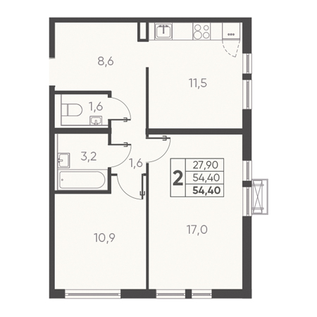 2 комнатная 54.40м²