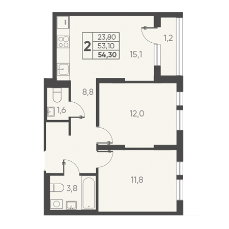 2 комнатная 54.30м²