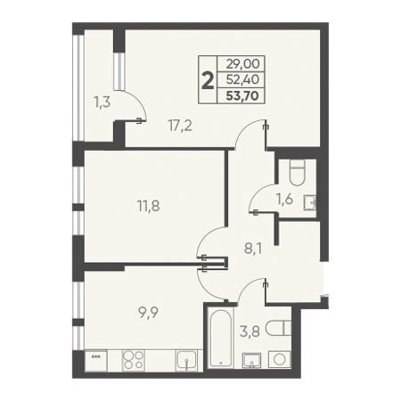 2 комнатная 53.70м²