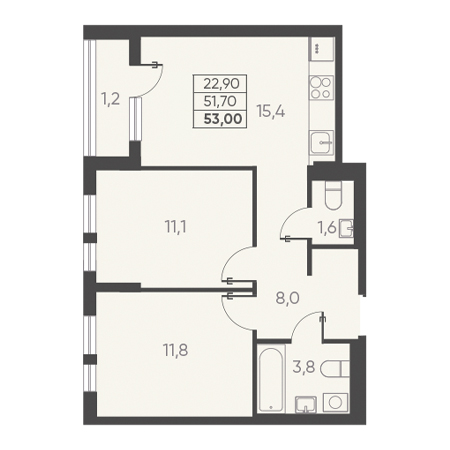 2 комнатная 53.00м²