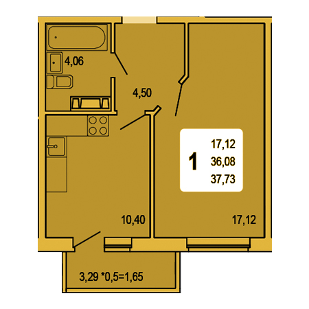 1 комнатная 37.73м²