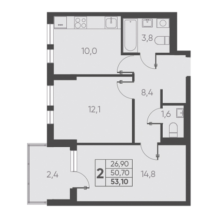 2 комнатная 53.10м²