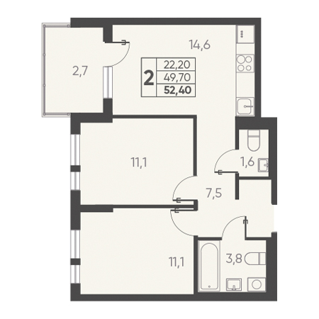 2 комнатная 52.40м²