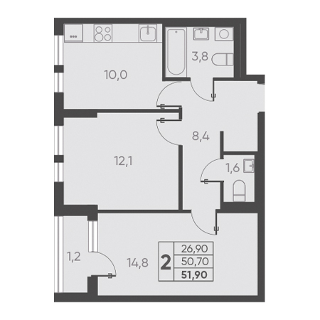 2 комнатная 51.90м²