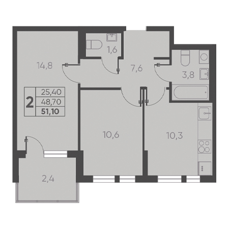 2 комнатная 51.10м²