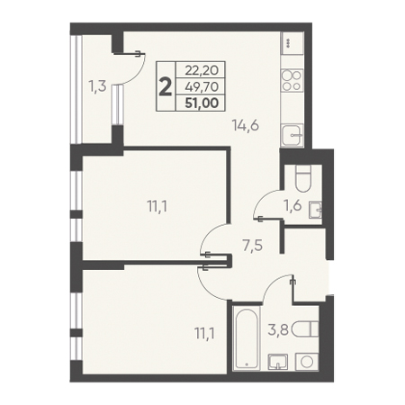 2 комнатная 51.00м²