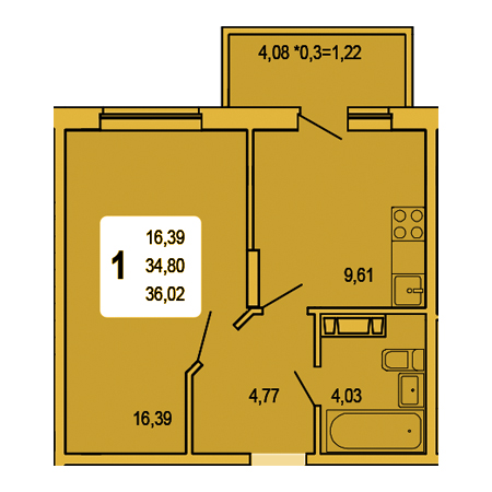 1 комнатная 36.02м²