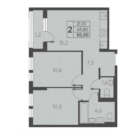 2 комнатная 50.90м²