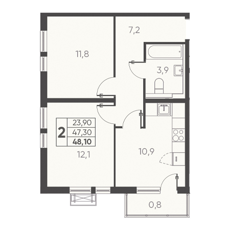 2 комнатная 48.10м²