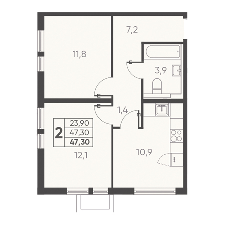 2 комнатная 47.30м²