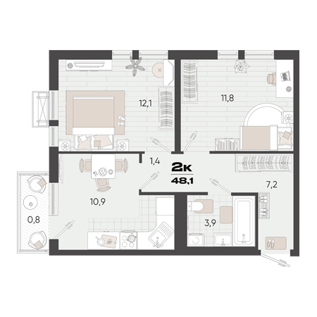 2 комнатная 48.1м²