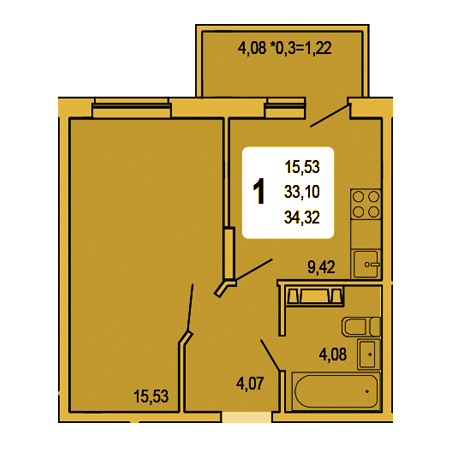 1 комнатная 34.32м²