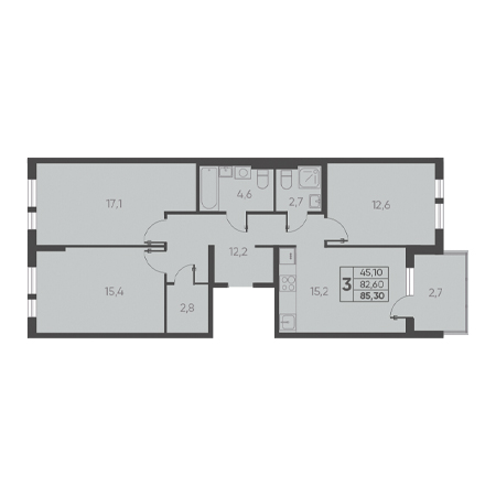 3 комнатная 85.30м²