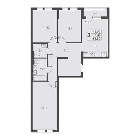 3 комнатная 83.90м²