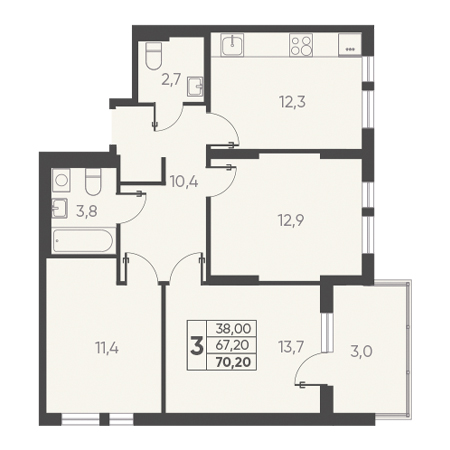 3 комнатная 70.20м²