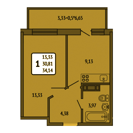 1 комнатная 34.14м²