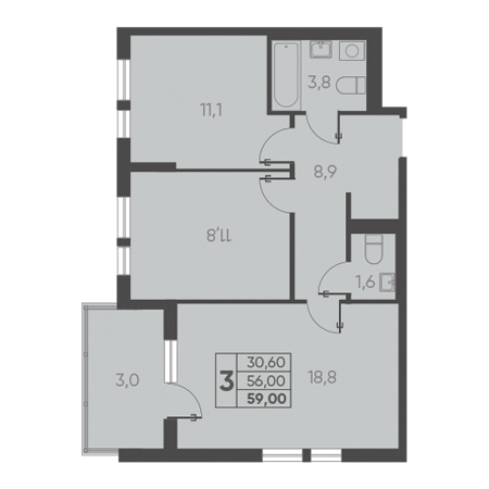 3 комнатная 59.00м²