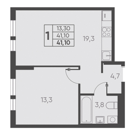 1 комнатная 41.10м²