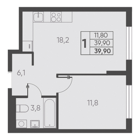 1 комнатная 39.90м²