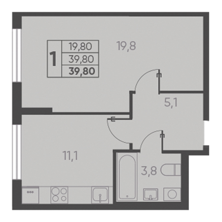 1 комнатная 39.80м²