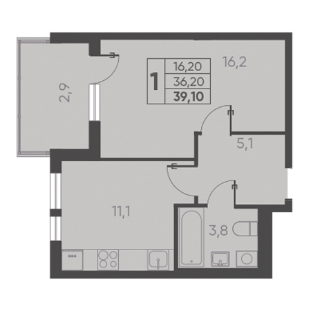 1 комнатная 39.10м²