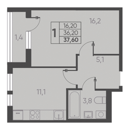 1 комнатная 37.60м²