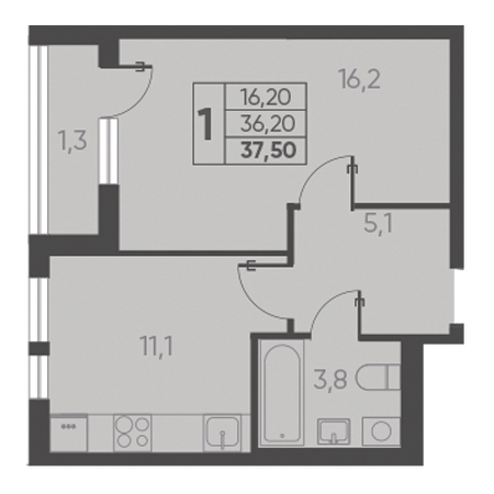 1 комнатная 37.50м²