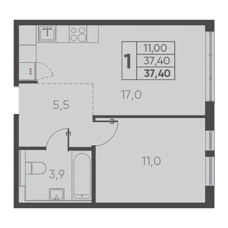 1 комнатная 37.40м²