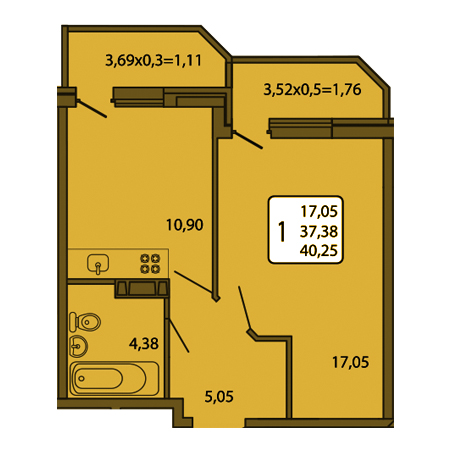 1 комнатная 40.25м²