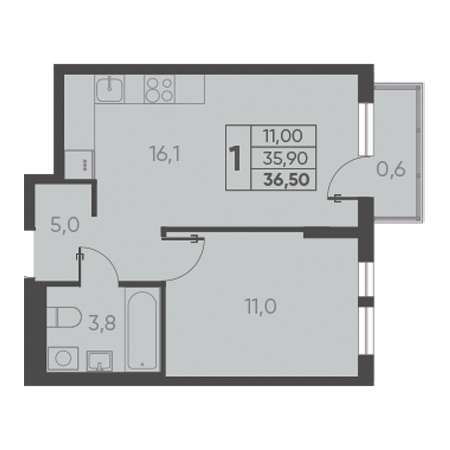 1 комнатная 36.50м²