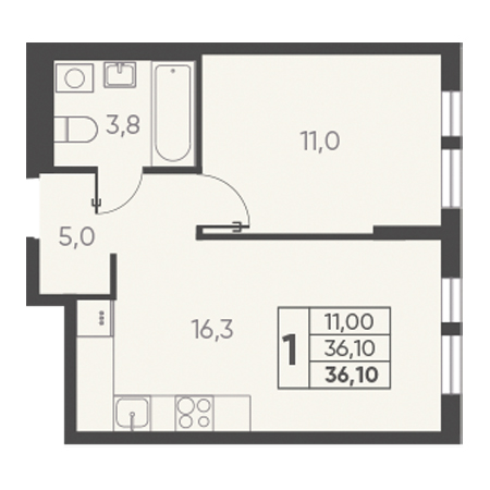 1 комнатная 36.10м²