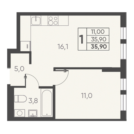 1 комнатная 35.90м²