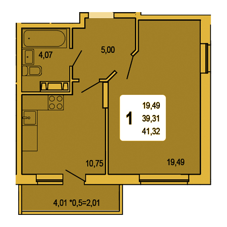 1 комнатная 41.32м²