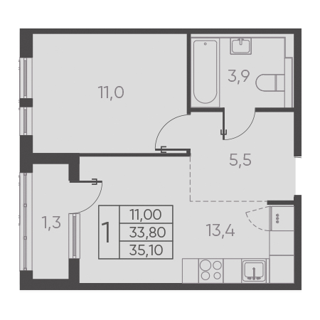 1 комнатная 35.10м²