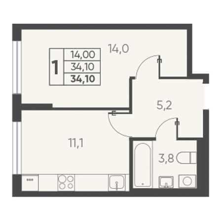 1 комнатная 34.10м²