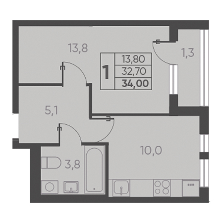 1 комнатная 34.00м²