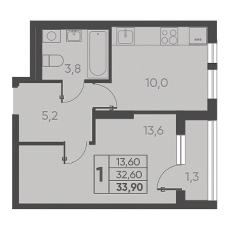 1 комнатная 33.90м²